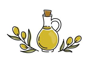 Olive branch and olive oil hand drawn in doodle style. Simple sketch drawing with black lines on white. Can be used for menu brochures vector