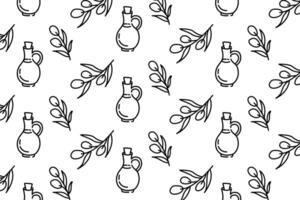 Olive tree branches and olive oil pattern in doodle sketch style. Hand drawn ornament for design vector