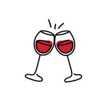 Two glasses of red wine tilted clinking glasses festive toast Red wine line in doodle retro style vector