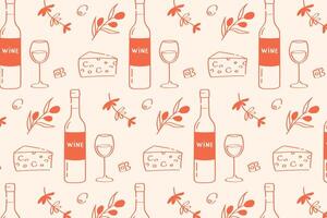 Wine and cheese pattern hand drawn icons of bottles, glasses, olive branches in doodle style vector