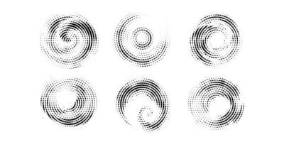 set of abstract round halftone spiral shapes. pop art coffee stain textures vector