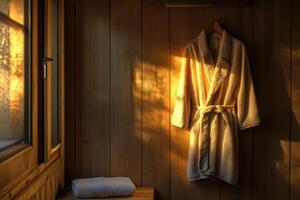 Sunlight illuminating cozy bathrobe with towels in wooden sauna room photo