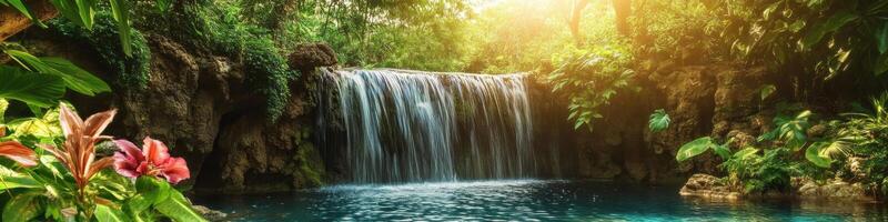 Tranquil tropical waterfall cascading into crystal clear pond in lush jungle environment photo