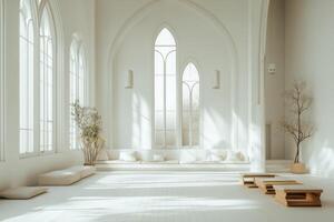 Minimalist white interior with arched windows and wooden elements in spacious room photo