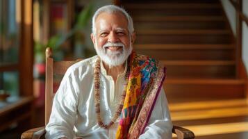 Joyful elderly man with beard and colorful shawl sitting in a sunny room with wooden stairs photo