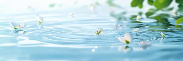 Tranquil water surface with floating white flower petals and green leaves photo