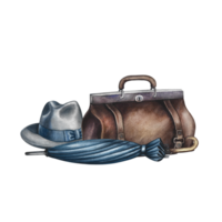 Vintage handbag, men's hat and umbrella. Handmade watercolor illustration. A color image of the traveler's items. Separate from the background. Perfect for banners, flyers, package, label, invitation. png