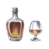 A bottle and a glass of cognac. Handmade watercolor illustration. A color image of an alcoholic beverage. Separate from the background. Perfect for menus, banners, flyers, packages, labels, invitation png