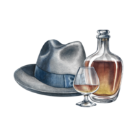 A bottle, a glass of cognac and a man's hat. Handmade watercolor illustration. A color image of an alcoholic beverage. Isolated from the background. For banners, flyers and package, invitation, poster png