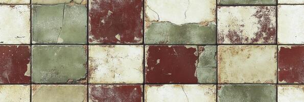 Weathered vintage square tiles with green and brown aging surfaces photo