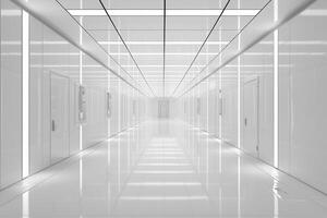 Futuristic white hallway with reflective surfaces and geometric architecture photo