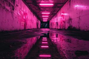 Neon-lit underground passageway with reflective puddle and grunge aesthetic photo