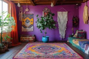 Colorful bohemian living room with macrame decor and indoor plants photo