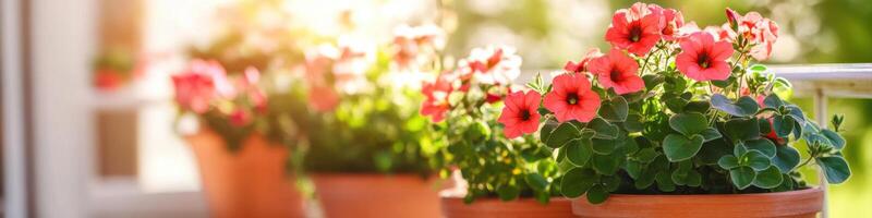 Vibrant red petunias bloom in sunlit garden balcony setting photo