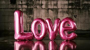 Pink love balloons with reflective surface in industrial setting photo