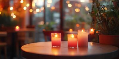 Cozy atmosphere with candlelight on wooden table in warm interior photo