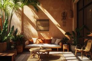 Sunlit bohemian patio with cozy rattan furniture and lush green plants photo