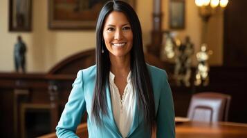 Confident female professional in blue suit smiling in elegant office setting photo