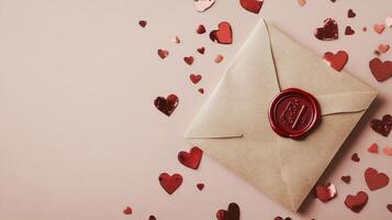 Romantic envelope with red wax seal and heart decorations on pink background photo