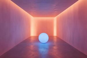 Futuristic room with neon lights and illuminated sphere in centered pink hue photo