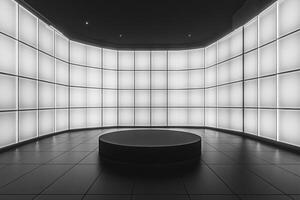 Futuristic circular stage in a brightly lit room with grid walls photo