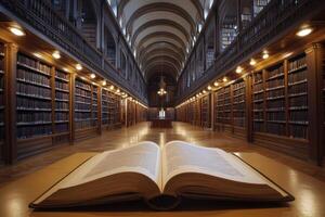 Open book in grand library hallway with tall shelves and soft lighting reflections photo