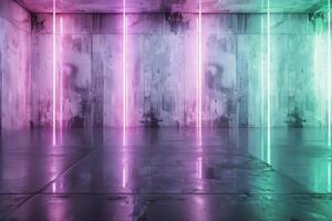 Futuristic corridor with neon lights and reflective floor photo