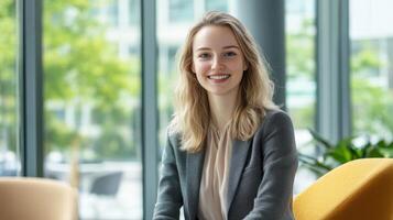 Professional woman smiling in bright office setting with natural light and greenery photo
