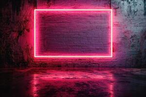 Neon pink square frame on dark background with reflections on wet floor photo