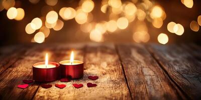 Romantic candlelight with wooden texture and glowing heart shapes for cozy atmosphere photo
