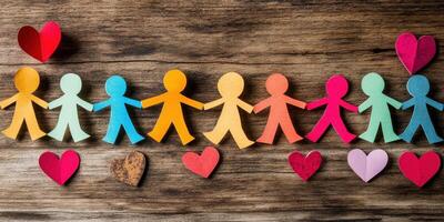 Colorful paper chain people and hearts representing unity and diversity photo