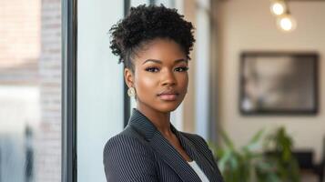 Confident female professional in a business suit standing next to an office window photo