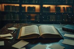 Open book with flying pages in a dimly lit library reflecting knowledge and history photo