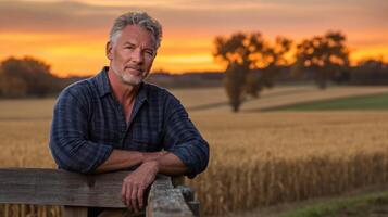 Mature man standing by fence in countryside at sunset with golden fields photo
