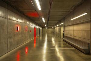Long empty corridor in industrial building with concrete walls and red lights. photo