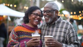 Happy senior couple enjoying hot drinks at outdoor market celebration photo