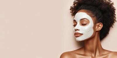 Woman enjoying relaxing skincare routine with facial mask on calm background photo