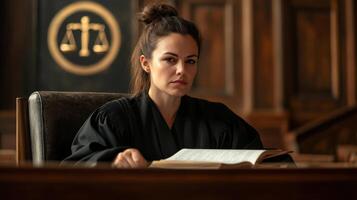 Confident female judge in a courthouse with legal books and justice symbol photo