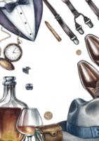 A postcard for a man. A frame with men's accessories. Handmade watercolor illustration. A color image of the vertical template. The objects of a rich man. To celebrate All Men's Day or Father's Day. png