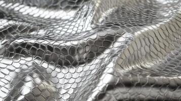 Silver metallic snake skin texture with reflective surface in close-up photography photo