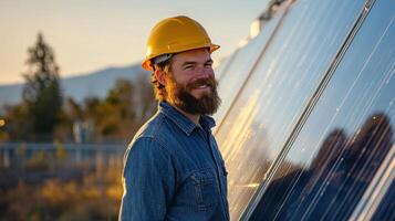 Male engineer smiling next to solar panels at sunrise in a renewable energy field photo