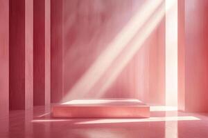 Sunlit minimalistic pink podium in abstract monochromatic interior setting photo