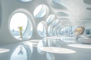 Futuristic architecture with large circular windows and bright interior space photo
