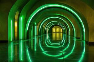 Illuminated green arched corridor with neon lights reflections in the hallway photo