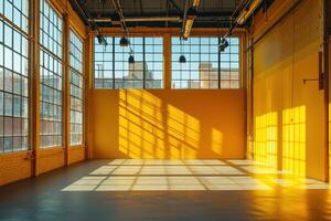 Sunlit industrial studio with yellow backdrop and large windows for photography photo
