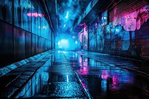 Neon-lit urban alleyway with wet pavement and blue and pink lights at night photo