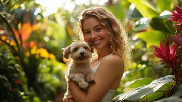 Young woman enjoying nature outdoors holding cute dog surrounded by lush greenery photo