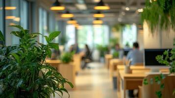 Modern office interior with green plants and people working in an open space photo