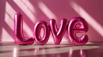Shiny pink love balloons arranged in a sunlit room with shadow patterns photo