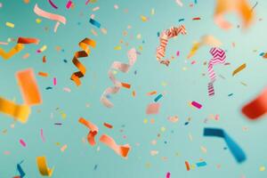 Vibrant confetti ribbons floating against a light blue background photo